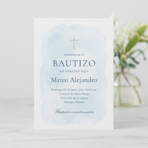 Elegant Blue Watercolor Spanish Boy Baptism Invitation