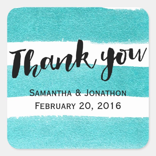 Elegant Blue Watercolor Stripes Wedding Thank You Square Sticker (Front)