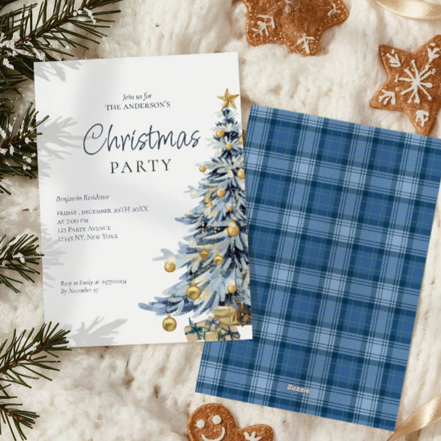 Elegant Blue Watercolor Tree Christmas Party  Holiday Card (Creator Uploaded)