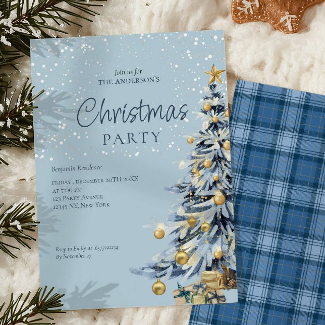 Elegant Blue Watercolor Tree Christmas Party  Holiday Card (Creator Uploaded)