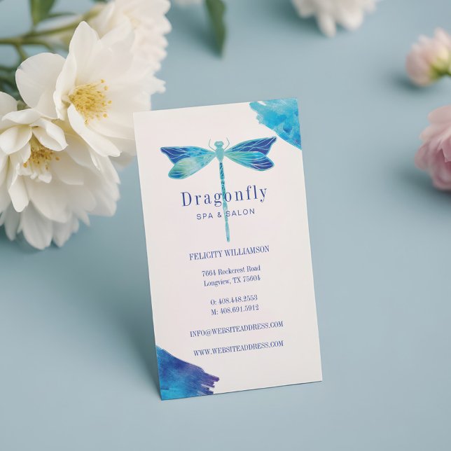 Elegant Blue Watercolor Wash Dragonfly Logo Magnetic Business Card (Elegant Blue Watercolor Wash Dragonfly Logo Business Card Magnet)