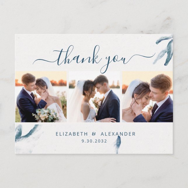 Elegant blue watercolor wedding 3 photo thank you postcard (Front)