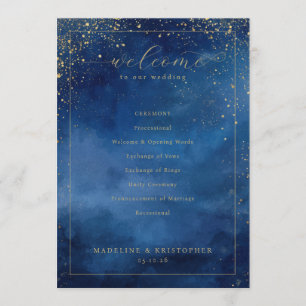 Elegant Blue Watercolor Wedding Ceremony Program Programme