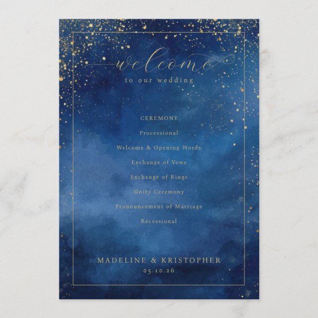 Elegant Blue Watercolor Wedding Ceremony Program Programme (Front)