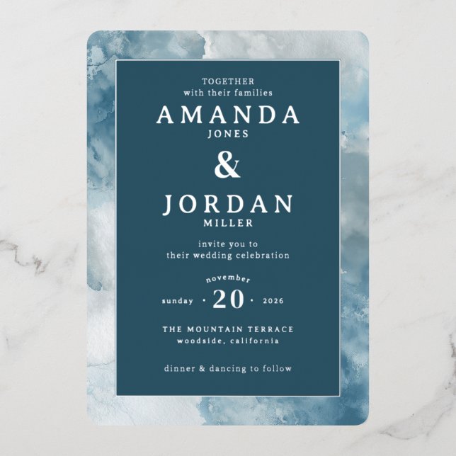 Elegant Blue Watercolor Wedding Invitation (Front)