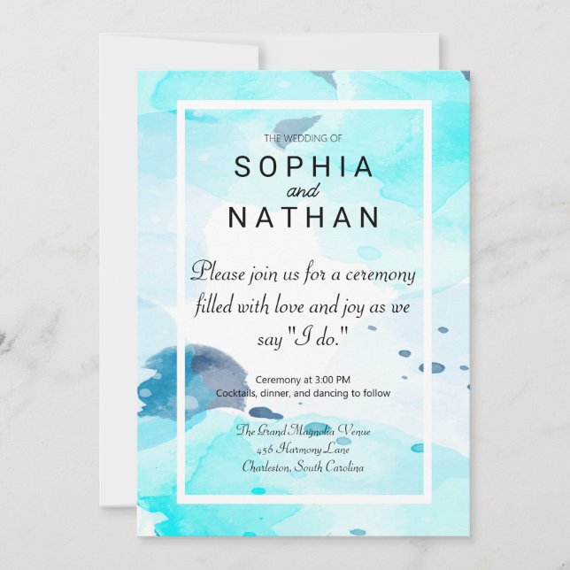 Elegant Blue Watercolor Wedding Invitation (Front)