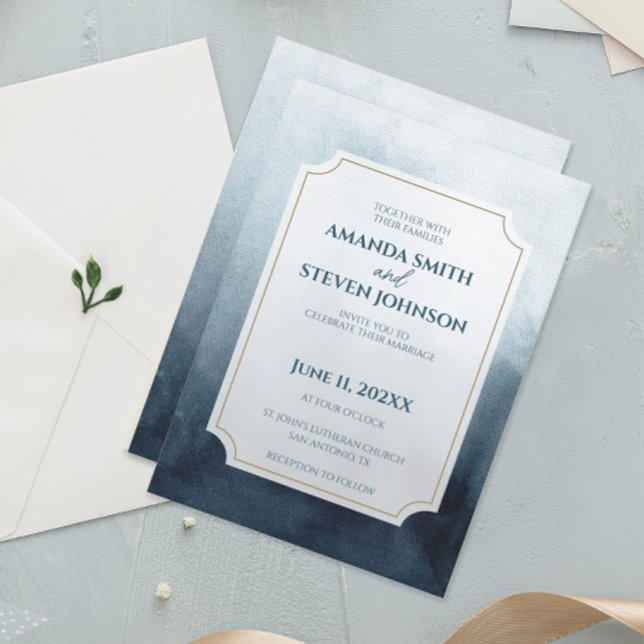 Elegant Blue Watercolor Wedding Invitation (Modern abstract blue watercolor wedding invitation)