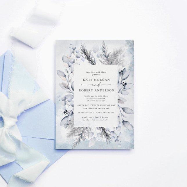 Elegant Blue Watercolor Winter Floral Wedding Invitation (Creator Uploaded)