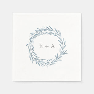 Elegant Blue Watercolor Wreath Monogram Wedding Napkin