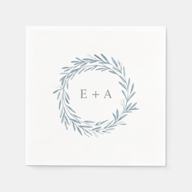 Elegant Blue Watercolor Wreath Monogram Wedding Napkin (Front)