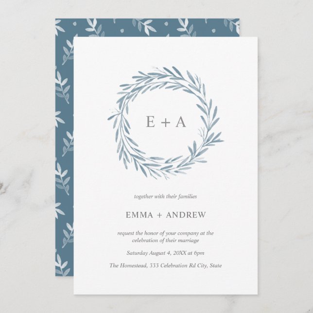 Elegant Blue Watercolor Wreath Wedding Invitation (Front/Back)