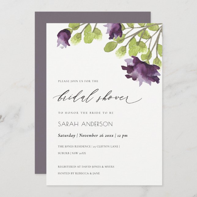ELEGANT BLUE WATERCOLOUR FLORAL GOLD BRIDAL SHOWER INVITATION (Front/Back)