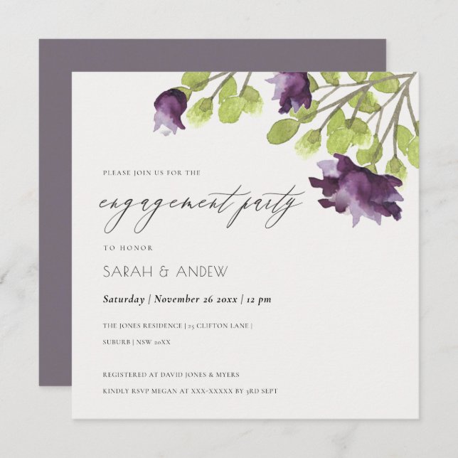 ELEGANT BLUE WATERCOLOUR FLORAL GOLD ENGAGEMENT INVITATION (Front/Back)