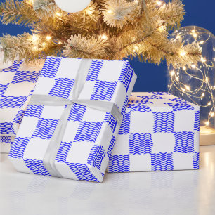 Elegant Blue Wave Chequerboard Painting Wrapping Paper