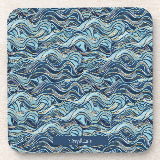 Elegant Blue Wave Pattern with Gold Accents Coaster (Front)