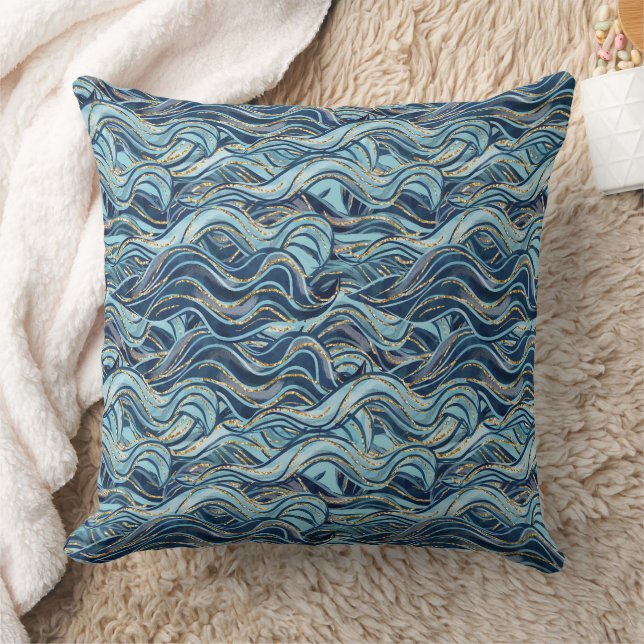 Elegant Blue Wave Pattern with Gold Accents Cushion (Blanket)