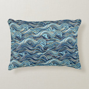 Elegant Blue Wave Pattern with Gold Accents Decorative Cushion