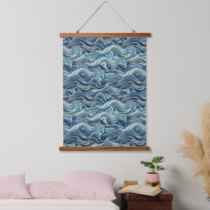 Elegant Blue Wave Pattern with Gold Accents Hanging Tapestry