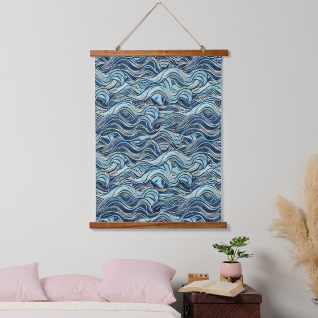 Elegant Blue Wave Pattern with Gold Accents Hanging Tapestry (Bedroom)