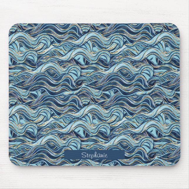 Elegant Blue Wave Pattern with Gold Accents Mouse Pad (Front)
