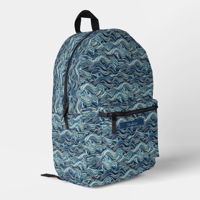 Elegant Blue Wave Pattern with Gold Accents Printed Backpack (Back Corner Left)