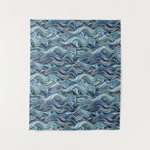 Elegant Blue Wave Pattern with Gold Accents Tapestry