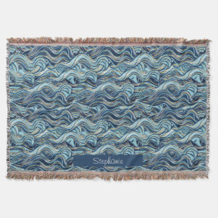 Elegant Blue Wave Pattern with Gold Accents Throw Blanket
