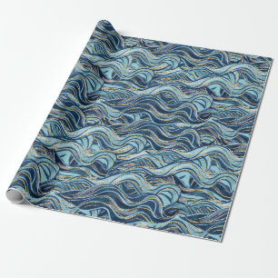 Elegant Blue Wave Pattern with Gold Accents Wrapping Paper