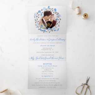 Elegant Blue Wearth Peony Floral Wedding Tri-Fold Invitation