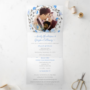 Elegant Blue Wearth Peony Floral Wedding Tri-Fold Invitation