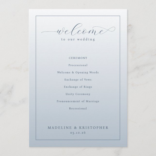Elegant Blue Wedding Ceremony Program Programme (Front)