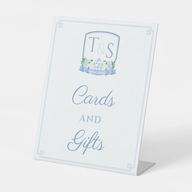 Elegant Blue Wedding Crest Cards And Gifts Pedestal Sign (Front)