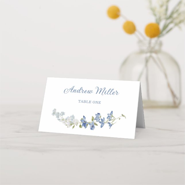 Elegant Blue Wedding Floral Folded Place Card (Front)