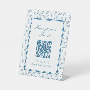 Elegant Blue Wedding Honeymoon Fund QR Code Card Pedestal Sign
