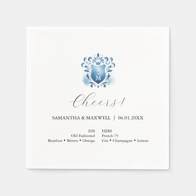 Elegant Blue Wedding Monogram Napkins (Front)