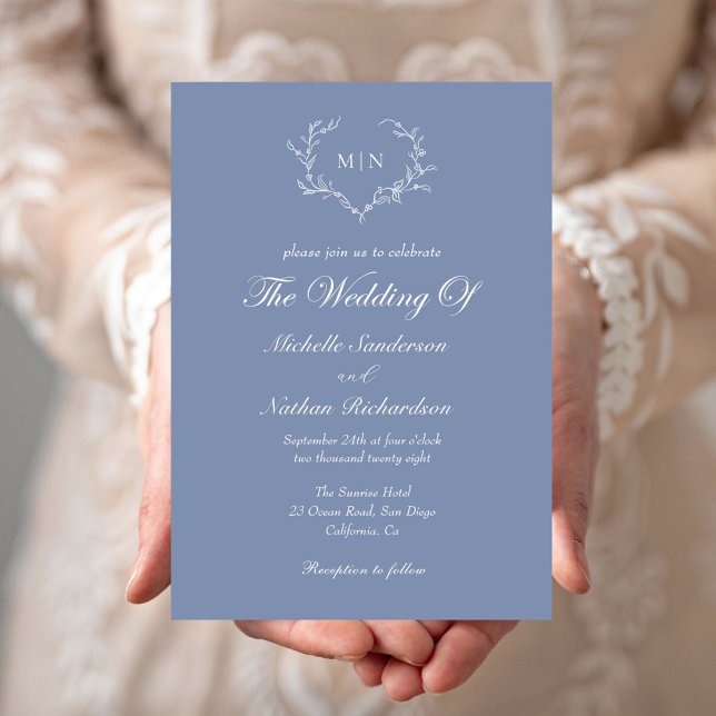  Elegant Blue Wedding Monogram Wreath  Invitation (Creator Uploaded)