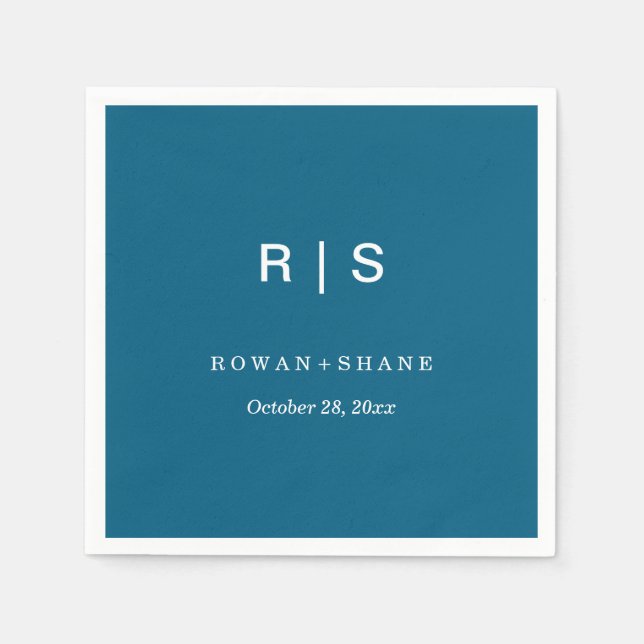 Elegant Blue Wedding Napkin with Black Monogram (Front)