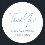 Elegant Blue Wedding Thank You Classic Round Sticker<br><div class="desc">A simple and classy design for your wedding reception featuring a blue watercolor background and white text.</div>