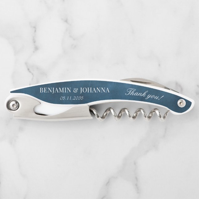 Elegant Blue Wedding Thank You Guest Favours Corkscrew (Front)