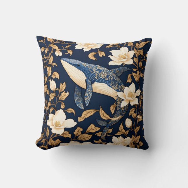 Elegant Blue Whale William Morris Inspired Floral Cushion (Front)