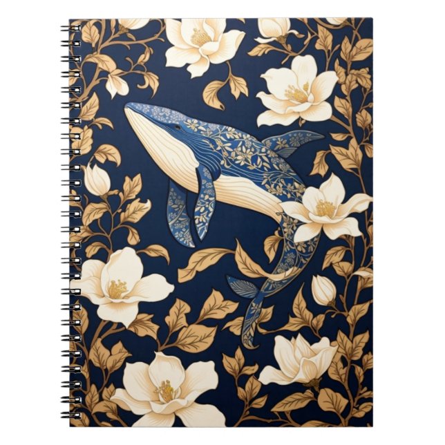 Elegant Blue Whale William Morris Inspired Floral Notebook (Front)