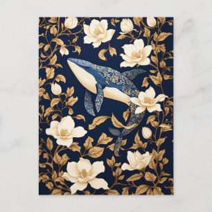 Elegant Blue Whale William Morris Inspired Floral Postcard