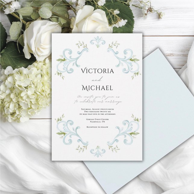 Elegant Blue Whimsical Vintage Wedding Invitation (Creator Uploaded)