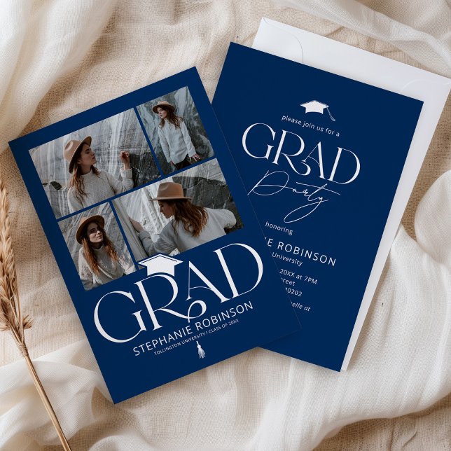 Elegant Blue & White 4 Photo Graduation Party Invitation (Creator Uploaded)