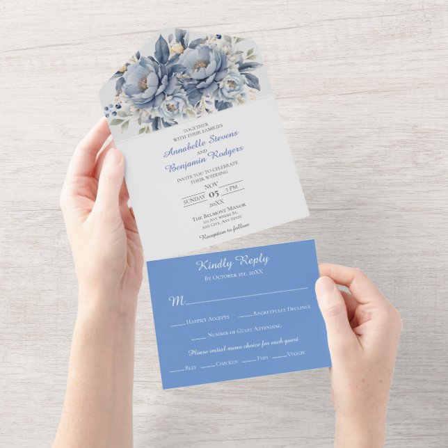 Elegant Blue White and Grey Floral Wedding  All In One Invitation (Tearaway)