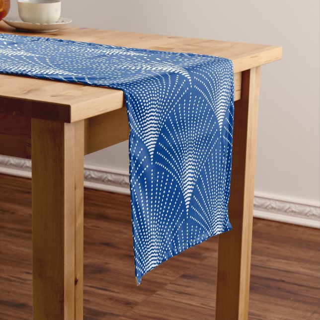 Elegant Blue & White Art-Deco Pattern Short Table Runner (In Situ)