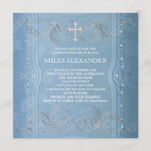 Elegant Blue White Baby Boy Christening Invitation