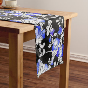 Elegant Blue White Black Floral Pattern Short Table Runner