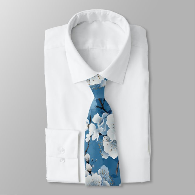Elegant Blue White Blossom Work Wedding Neck Tie (Tied)