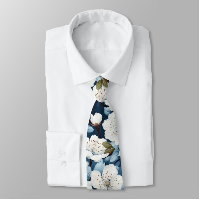 Elegant Blue White Blossom Work Wedding Neck Tie (Tied)